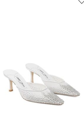 Jimmy Choo Crystal Embellished White Pointed Mules